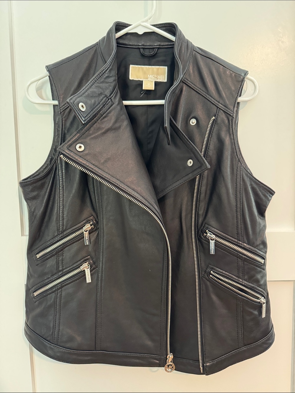 Black Leather Biker Vest Motorcycle  Zippers Michael Kors